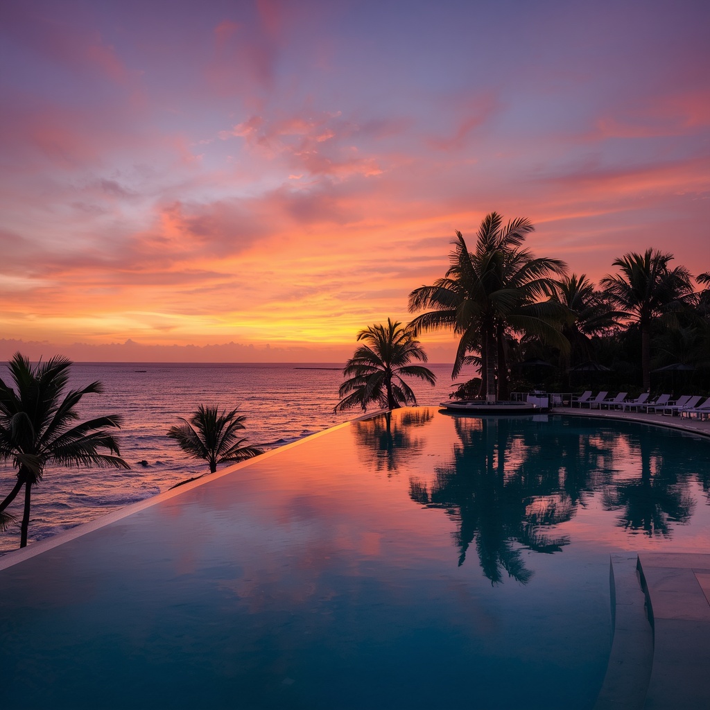 An elegant infinity pool overlooking a tropical coastline at sunset with palm trees silhouetted against a vibrant orange and purple sky, luxury travel photography, resort atmosphere